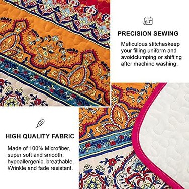 Покривало WONGS BEDDING Boho 220x240 см, мікрофібра, 3 предмети: стьобане покривало на двоспальне ліжко та 2 наволочки 50x70 см, для спальні або дивана (Богемний стиль)