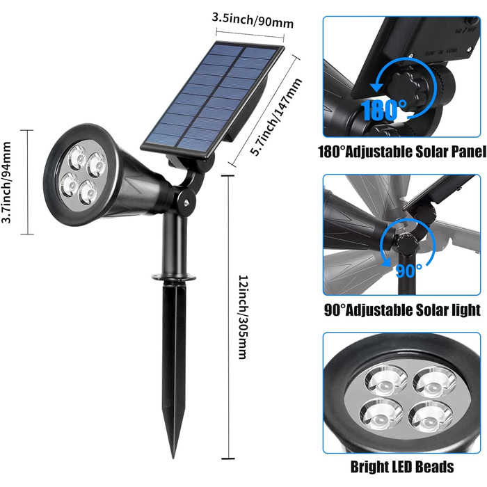 LED садові сонячні прожектори T-SUN, 2 шт, 4 LED, холодне біле світло 6000K, для газону, доріжок, тераси, дві режими освітлення, вуличне безпекове освітлення