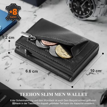 Чоловічий гаманець TEEHON зі шкіри з RFID захистом, монетницею та магнітною застібкою, чорний портмоне-картхолдер