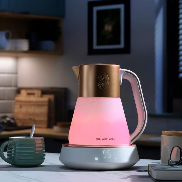 Електричний чайник Russell Hobbs зі скла 1,7 л з регулюванням температури 40-100°C, LED-підсвіткою, тихою технологією кип'ятіння, функцією підтримки тепла, цифровим дисплеєм, сенсорним управлінням, 2400 Вт, модель Calm 27450-70