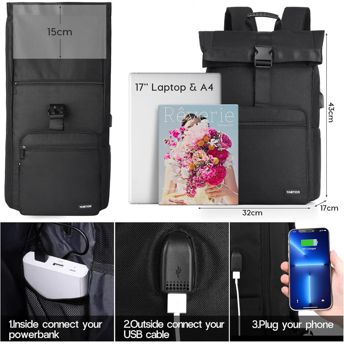 Міський рюкзак YAMTION Rolltop 17'' для чоловіків і жінок, універсальний для школи, університету, спорту, подорожей, велосипеду, підлітків