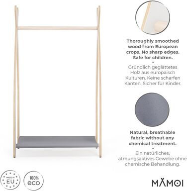 Дитяча вішалка для одягу MAMOI 100% ECO, дерев'яна, для дитячої кімнати, 106x95x32 см / 53x95x32 см, біло-сіра, з полицею, виготовлено в ЄС