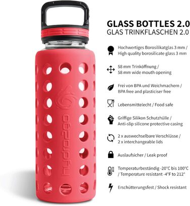 Скляна пляшка для води з силіконовим чохлом Urban Red 950 мл, 100% герметична, BPA-free, з двома кришками, для спорту, фітнесу, офісу, йоги, посудомийна машина