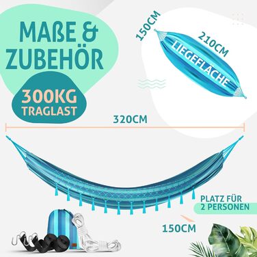 Гамак KESSER 320x150 см, до 300 кг, синій, водостійкий та дихаючий, з бахромою для 1-2 осіб, для саду, кемпінгу та відпочинку, у комплекті сумка, мотузки та ремені