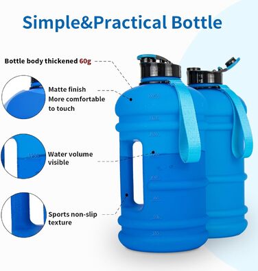 Спортивна пляшка для води TOOFEEL 2 л, BPA Free, з мірною шкалою, багаторазова, для тренувань, матова темно-синя, 1893 мл