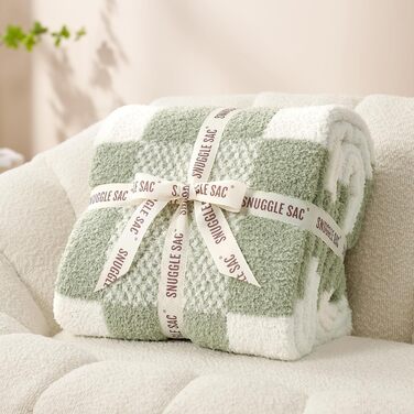 Плед Snuggle Sac в клітинку, салатовий, мікрофібра, флісовий, теплий, м'який, двосторонній, для дивана, крісла, ліжка, 127x152 см