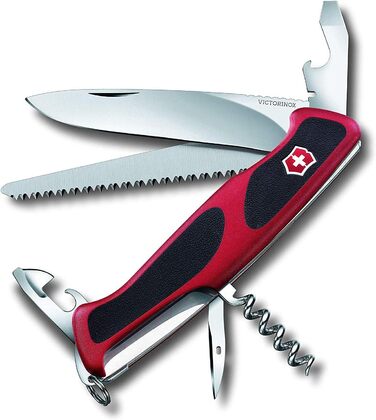 Ніж-мультитул Victorinox RangerGrip 55, швейцарський армійський ніж, 12 функцій, червоно-чорний, одноручне лезо
