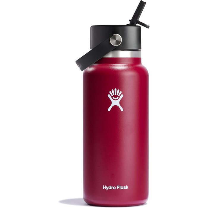 Термобутилка Hydro Flask 946 мл, вакуумна, нержавіюча сталь, з гнучкою кришкою та трубочкою, широка горловина, червона (Berry Red)