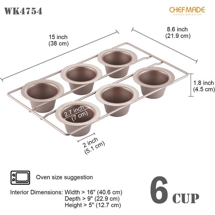 Форма для випікання CHEFMADE на 6 поповерів і мафінів, антипригарна, для духовки, шампань золото