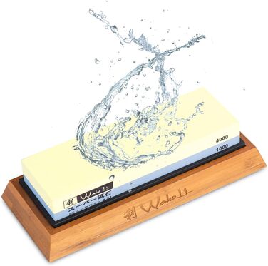 Двосторонній водний точильний камінь Wakoli 1000/4000 для заточування дамаських і сталевих ножів, набір із дерев'яною та силіконовою підставкою