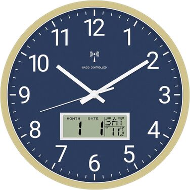 Стіна годинник Foxtop радіокерований, аналоговий, 30 см, з LCD-дисплеєм температури та дати, для кухні та вітальні, сріблястий, синя підсвітка