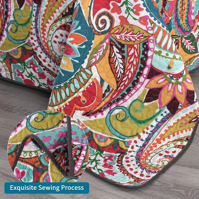 Покривало Qucover 220x240 см, бавовна, стиль бохо, кольорове стьобане для двоспального ліжка, 2 наволочки, комплект «Пейслі»