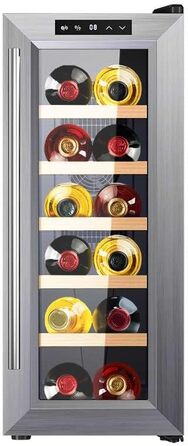 Винний шафа Cecotec Bolero GrandSommelier 830 CoolWood, термоелектрична, тиха, енергоефективна, для 12 пляшок, з індикаторами, сенсорним керуванням, нержавіюча сталь і дерево, регулювання температури 8-18°C