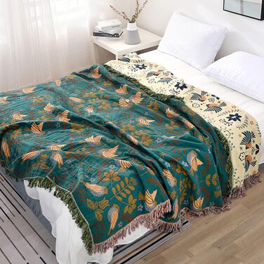 Двосторонній плед Boho 100% бавовна 200×230 см, мусліновий покривало для дивану, крісла та ліжка, м'який і затишний, синьо-бежевий