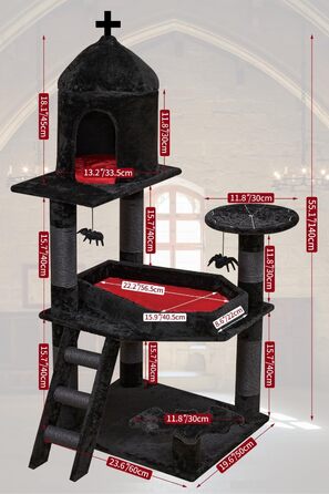 Великий готичний кігтеточка-дерево для котів, 140 см, XXL, 6 товстих стовпів, платформи, будиночок, чорний, для Хелловіну