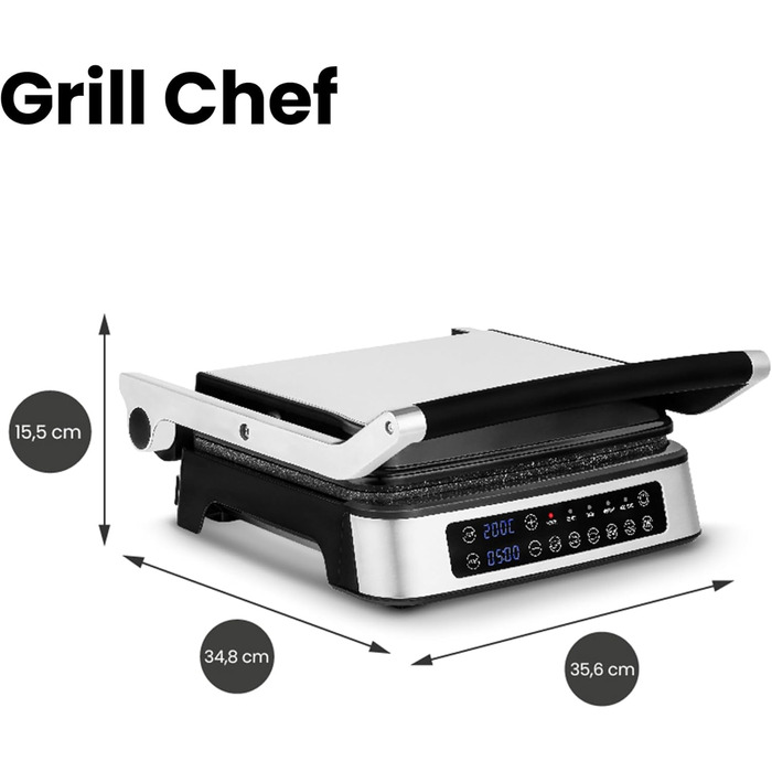 Електричний контактний гриль і сендвіч-тостер Grill Chef 2100Вт, знімні пластини, 2в1, розкладний на 180°, антипригарне покриття, піддон для жиру, звуковий сигнал, сріблястий