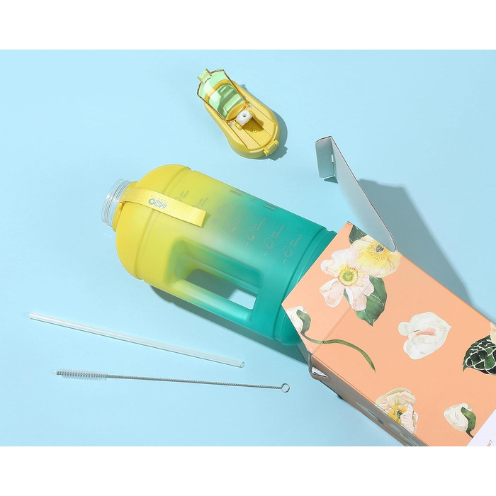 Пляшка для води H2O Capsule INSPO з часовою міткою і трубочкою, мотиваційна, герметична, харчовий пластик, з ручкою та ремінцем, колір Свіжа Авокадо, об’єм 1 галон