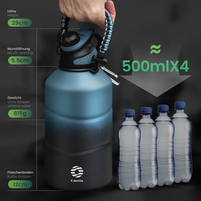 Термос Fjbottle 1900 мл з нержавіючої сталі, магнітною кришкою, подвійними стінками, без BPA, герметичний, для газованої води, спорт, фітнес, туризм