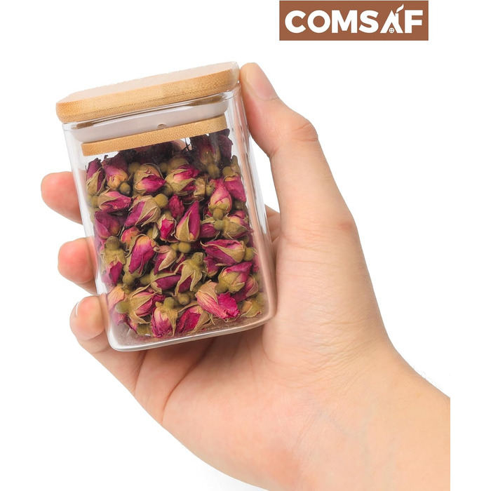 Набір скляних баночок для спецій ComSaf 16 шт з бамбуковими кришками, 170 мл, квадратні, з 275 чорними етикетками, порожні ємності для спецій, солі, цукру