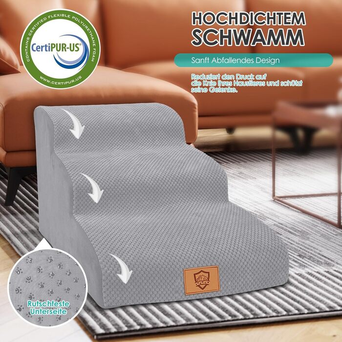 Сходи для собак Myiosus 3 ступені, водонепроникні, поролонові, антиковзкі, для дивана та ліжка, знімний чохол, портативні, для котів і маленьких собак, сірі