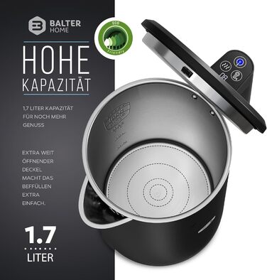 Електрочайник Balter WK-5 Touch з нержавіючої сталі, температурний режим 40–100°C, подвійні стінки, BPA-free, 1,7 л, чорний