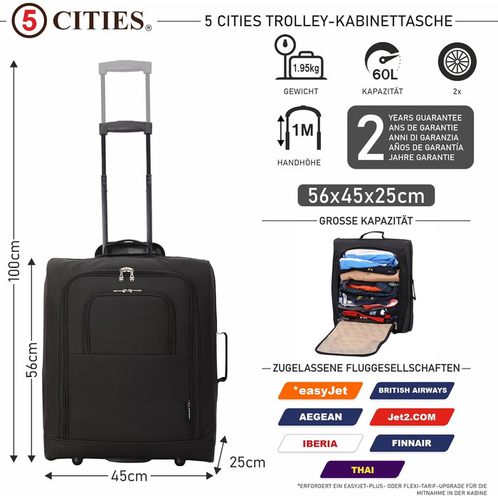 Дорожня сумка на колесах 5 Cities 56x45x25 см, 60 л, для ручної поклажі EasyJet, British Airways, Jet2, легка, 2 ролики, 2 роки гарантії