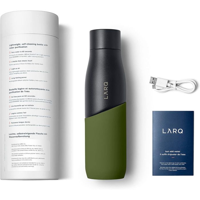 Бутилка LARQ Movement PureVis 950 мл, самочищувальна, нержавіюча сталь з силіконовим чохлом, UV-дезінфекція, легка, ударостійка, зберігає прохолоду води, для спорту, бігу, туризму, чорна/сосна