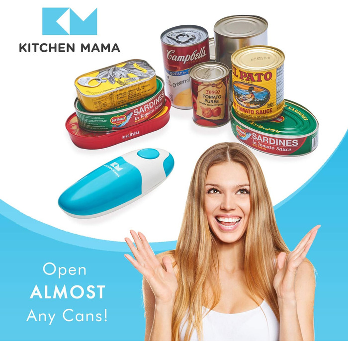 Автоматична електрична відкривачка для консервів Kitchen Mama, безпечна, з гладким краєм, харчова нержавійка, блакитна