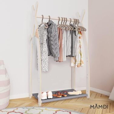 Дитяча вішалка для одягу MAMOI 100% ECO, дерев'яна, для дитячої кімнати, 106x95x32 см / 53x95x32 см, біло-сіра, з полицею, виготовлено в ЄС