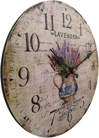 Стіна годинник YOAI кухонний вінтажний Shabby Chic, антикварний стиль, рустикальний, кварцовий, безшумний механізм, 30 см, MDF, лаванда в горщику