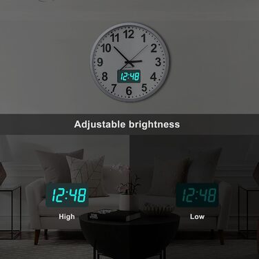 Сучасний настінний годинник KWANWA без тикань, цифровий LCD/LED дисплей, календар і температура, на батарейках, 30,5 см, 12-годинний формат, для кухні, спальні та офісу