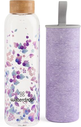 Скляна пляшка для води Waterdrop Edition 600 мл, боросилікатне скло, герметична, підходить для газованої води, BPA Free, з неопреновим чохлом, можна мити в посудомийці (Boost Melange)