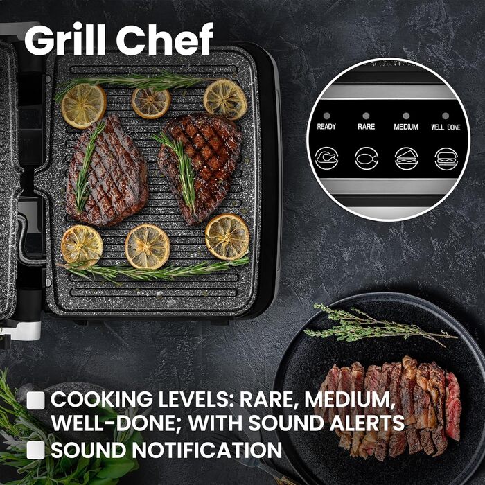 Електричний контактний гриль і сендвіч-тостер Grill Chef 2100Вт, знімні пластини, 2в1, розкладний на 180°, антипригарне покриття, піддон для жиру, звуковий сигнал, сріблястий
