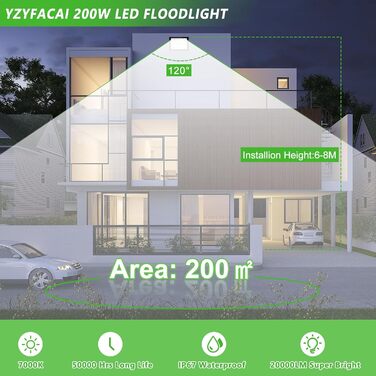 Світлодіодний прожектор YZYFACAI 300W, 30000Лм, 7000K, IP67, для вулиці, двору, гаража, саду