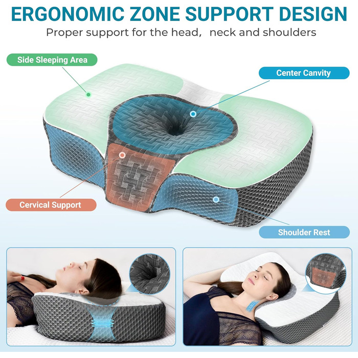 Ортопедична подушка Elviros з піни Memory Foam для сну, ергономічна подушка для шиї, проти хропіння, для бокового та черевного сну, біла