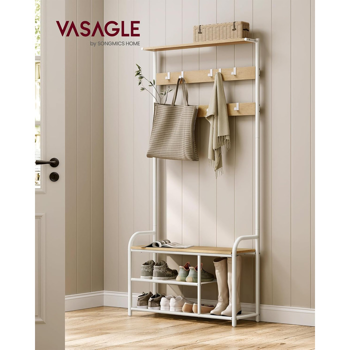 VASAGLE Вішалка для одягу з лавкою та полицею, 9 гачків, 30x85x180,5 см, індустріальний стиль, вінтаж, для коридору, спальні, компактна, колір дуба + білий