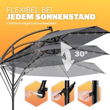 Парасолька для саду Kingsleeve 300 см з LED-підсвіткою, сонячною батареєю, UV 80+, антрацит, для тераси та балкону, з чохлом і стійкою