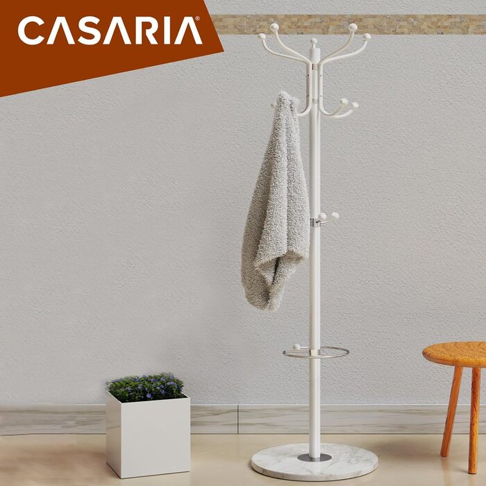 Вішалка Casaria з мармуровою основою, металева, 14 гачків, обертається на 360°, стабільна, 37x37x175 см, для передпокою та офісу, гардеробна стійка, біла