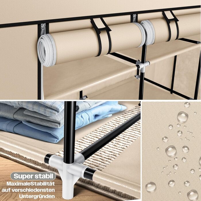 Тканинна шафа для одягу KESSER, з полицями та штангою, 150x45x175 см, бежевий, для спальні та гардеробу, з 5 вішалками