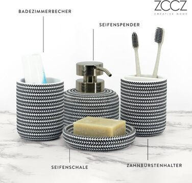 Набір для ванної ZCCZ: органайзер 4-в-1 з дозатором для мила, тримачем для зубних щіток, підставкою для косметики і ватних паличок, декор у стилі каменю, чорний/білий, для сучасної ванної кімнати