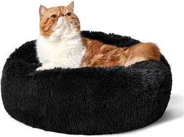 Ліжко для котів і собак BEDSURE, м'яке плюшеве кругле місце для сну, чорне, 50x50x16 см, пране, затишне лежанка для домашніх тварин