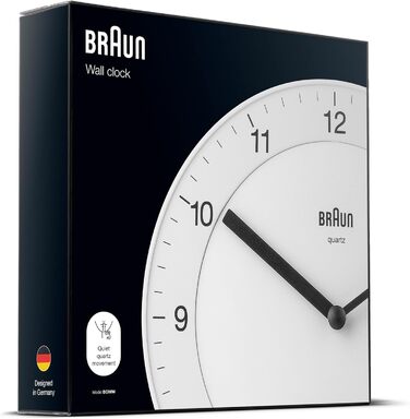 Настінний годинник Braun BC06W, класичний, аналоговий, кварцовий механізм, тихий хід, білий циферблат, 20 см
