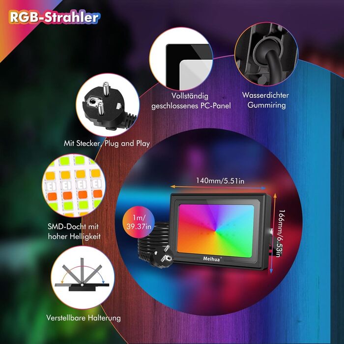 Світлодіодний RGB прожектор MEIHUA 25W, 2 шт, IP66, з пультом, 10 кольорів, 12 режимів, діммер, таймер, для вулиці та приміщення, пам’ять налаштувань, для саду, дерева, ландшафту