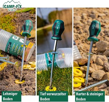 PARCO Camp-FIX Набір універсальних гвинтових кілків для намету, 16 шт, різні розміри, пластикові шайби, викрутка – аксесуари для кемпінгу