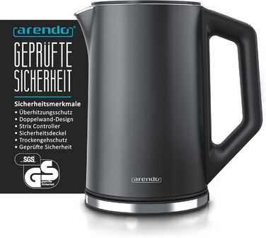 Електрочайник Arendo ELEGANT 1,5 л, нержавіюча сталь, регулювання температури 40-100°C, подвійні стінки, 2200 Вт, чорний, індикатор температури
