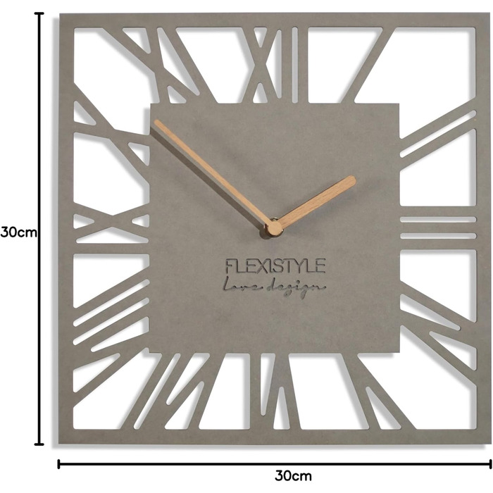 Сучасний настінний годинник FLEXISTYLE LOFT Piccolo Square 30 см, безшумний, сірий, для вітальні та ванної