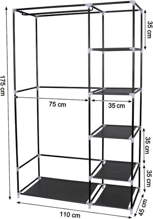 Тканинна шафа SONGMICS XL з вішалкою, складана, для одягу, 110x175x45 см, чорна, LSF007, органайзер для зберігання, кемпінг