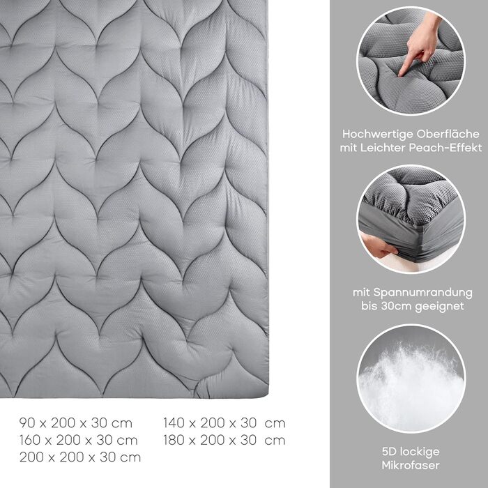 Наматрацник Sonive 90x200 см, м'який топер, стьобаний захисний чохол Nanotex, 30 см, антиковзкий, дихаючий, для дітей, сірий