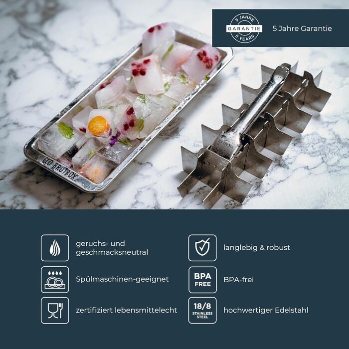 Металева форма для льоду ECO Brotbox, 0,6 л, 18 кубиків, харчова нержавіюча сталь, без пластику, придатна для посудомийки