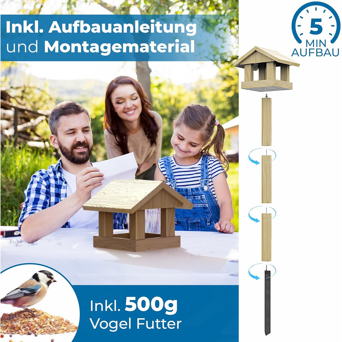 Будиночок для птахів Schwanfeld з годівницею, стійкою, 500 г корму, 1,2 м, для всіх видів птахів, стійкий до погодних умов